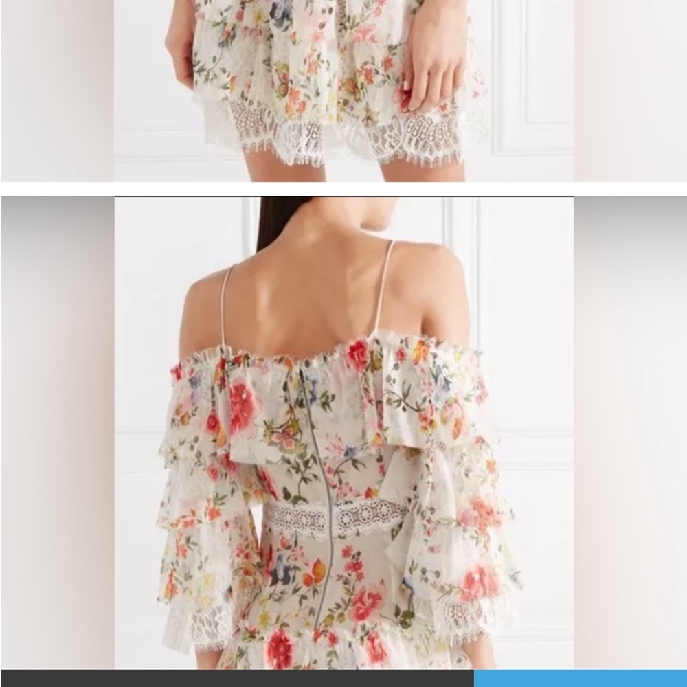 Alice + Olivia Santos Cold Shoulder Lace Trimmed Floral Silk Dres - Picture 2 of 5